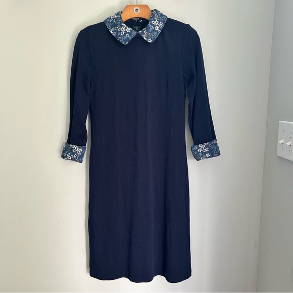 Talbots Blue 100% Cotton Dress Floral Collar Cuffs Layered-Look Preppy XS - Picture 1 of 9